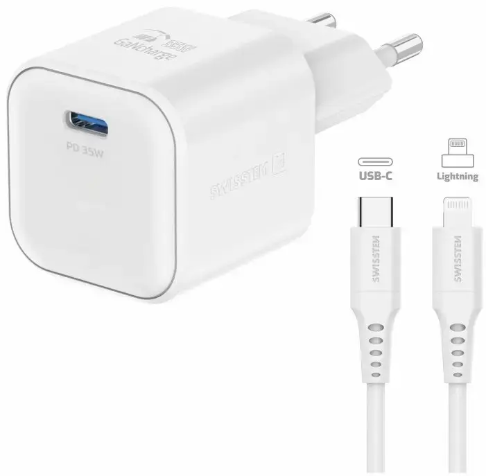 Swissten GaN USB-C 35W PD travel charger | 35W | GaN, PD | USB-C, Lightning | with USB-C to Lightning cable
