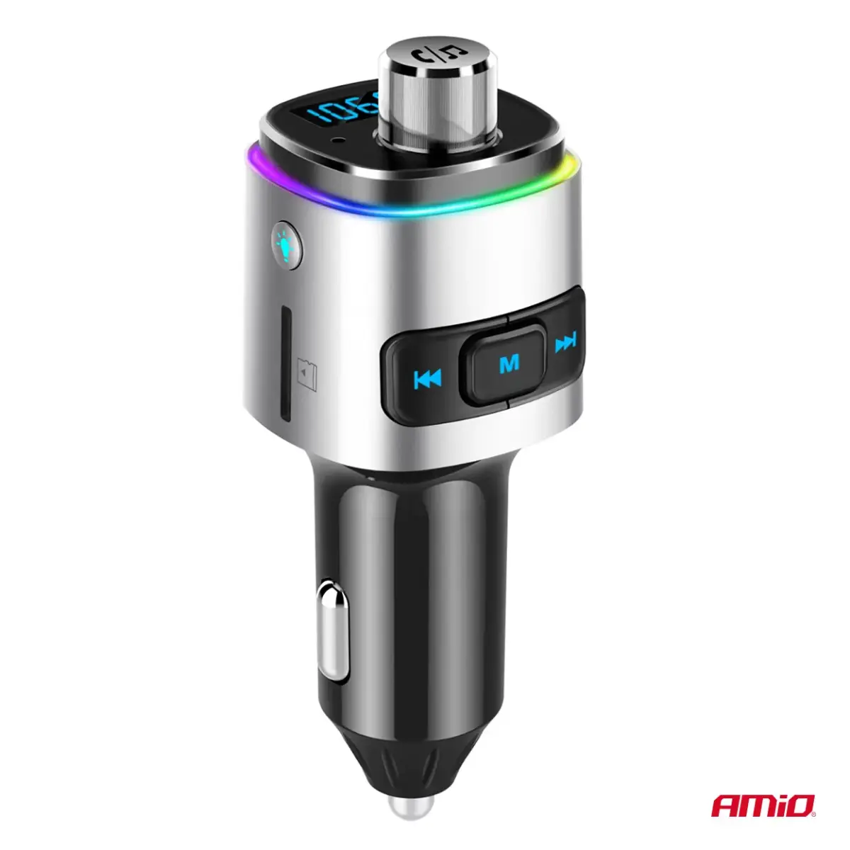 Car FM Transmitter 2×USB-A microSD 12V 24V AMIO-04654