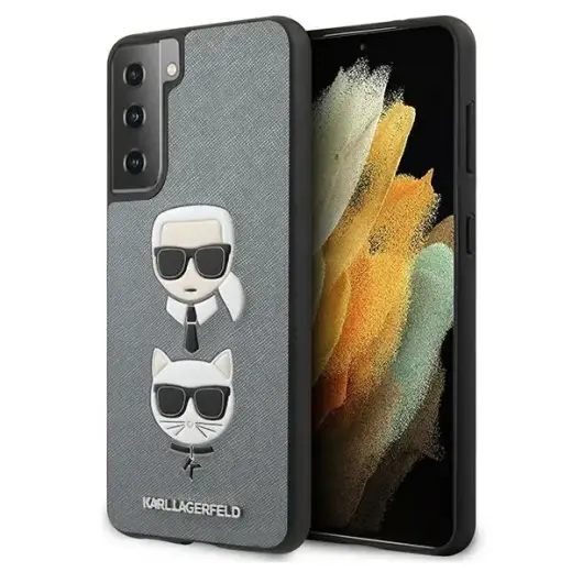 KLHCS21MSAKICKCSL Karl Lagerfeld Saffiano K&C Heads Cover for Samsung Galaxy S21+ Silver
