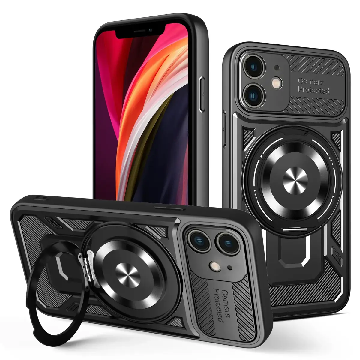 Defender Armor Mag maciņš ar statīvu un MagSafe atbalstu telefonam iPhone 12 melns (ar kameras aizsargu)