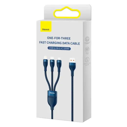 Baseus Flash Series II 3-in-1 data transfer and charging cable | USB-A to USB-C, Lightning, Micro USB | 100W | 1.2m | blue