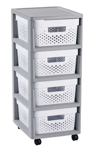 Kumode uz riteņiem ar 4 caurumotām kastēm 11L Infinity 30x36x69cm pelēka/balta