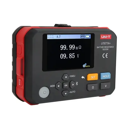 Akumulatoru pretestības testeris, 0,000 m?~ 3?; 0,000 V ~ 71,00 V; 4 terminālu testa metode; Datu glabāšana: 500sets, Bluetooth, UNI-T