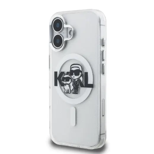 Karl Lagerfeld IML Glitter Karl and Choupette Sketch MagSafe Case for iPhone 16 Transparent
