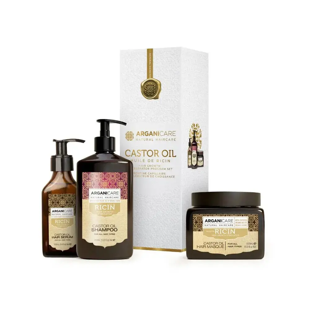 Set Arganicare: Ricin, Hair Shampoo, For Growth Stimulation, 400 ml + Ricin, Hair Treatment Cream Mask, For Growth Stimulation, 500 ml + Ricin, Hair Serum, Hair Growth, 100 ml