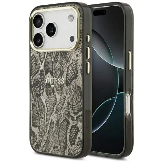 Guess Python Pattern telefoniümbris MagSafe toega iPhone 17 Pro Max jaoks, pruun