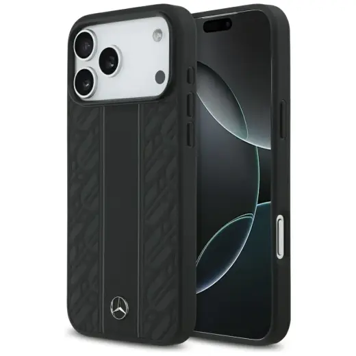 Mercedes Leather Laurel Leaves Stripes maciņš ar MagSafe atbalstu telefonam iPhone 17 Pro Max melns
