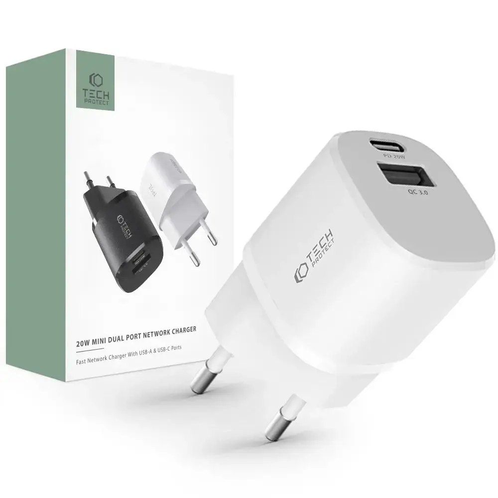 Tech-Protect C20W travel charger | 20W | PD, QC3.0 | USB-C, USB-A | white