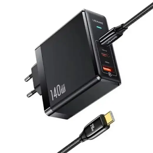 USAMS T52 travel charger | 140W | PD | USB-C, USB-A | with USB-C to USB-C cable included | black