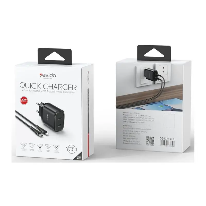 Yesido YC54 tīkla lādētājs | 20W | PD, QC | USB-C | ar USB-C uz Lightning vadu komplektā | melns