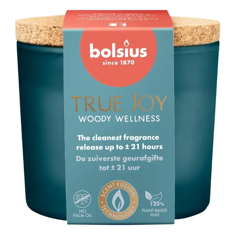 Svece arom. stikla gl. ar korķi True Joy Ø66x83mm woody wellness