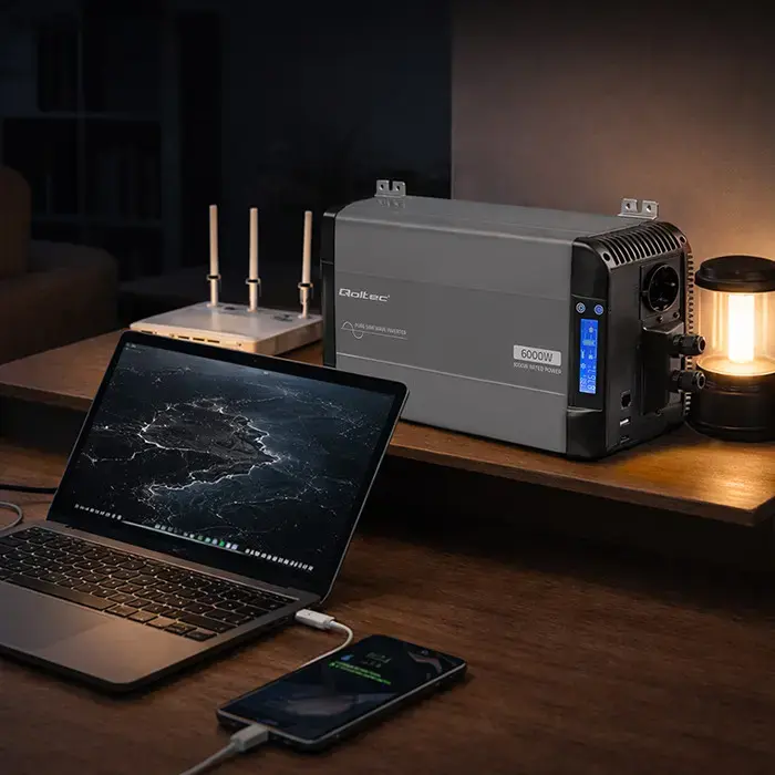 Qoltec Pure Sine Wave Inverter | 12V to 230V | 3000/6000W | LCD | USB | USC-C | Compatible with LiFePO4 GEL AGM