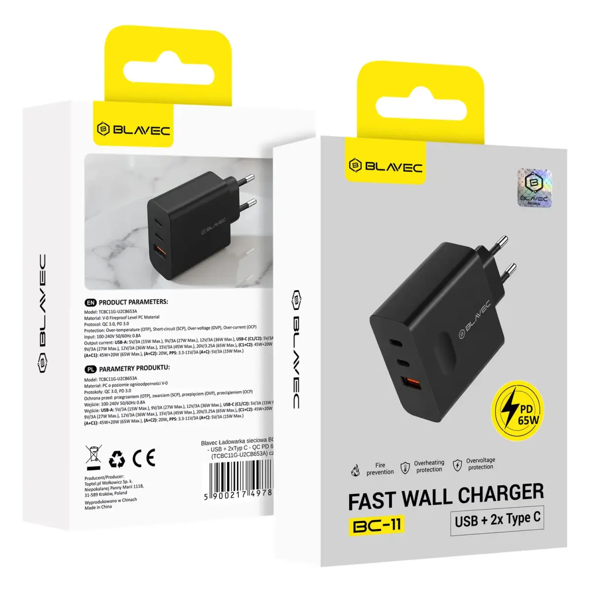 Blavec Wall charger BC-11 GaN - USB + 2xType C - QC PD 65W 3A (TCBC11G-U2CB653A) black