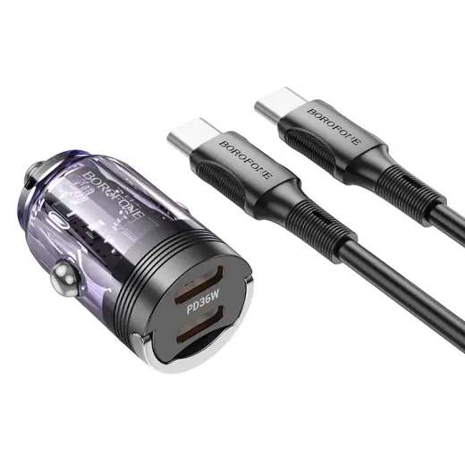 Borofone BZ29B car charger | 36W | PD, QC | USB-C, Lightning | with Type-C to Lightning cable included | transparent-purple