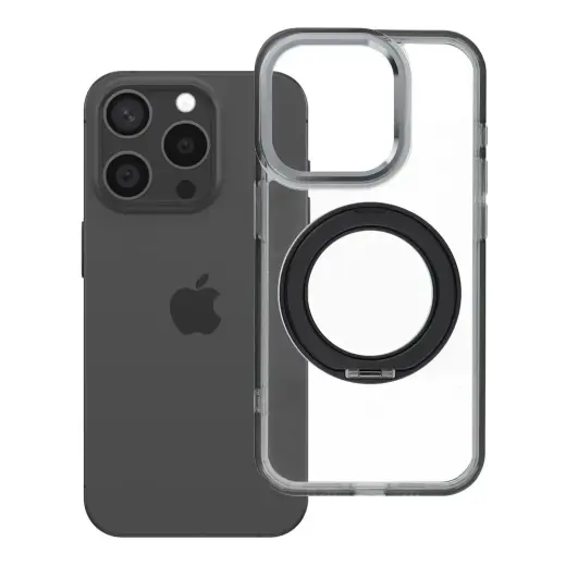 Frame Circle Stand maciņš ar statīvu un MagSafe atbalstu telefonam iPhone 15 Pro melns