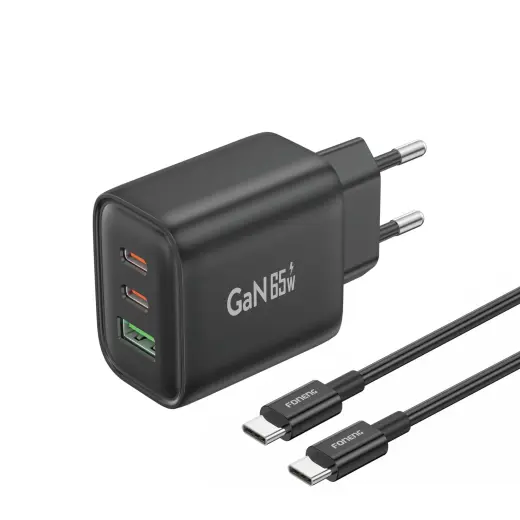 Foneng GaN10-EU travel charger | GaN, PD, QC | USB-C, USB-A | with Type C to Type C cable | black | with USB-C cable included