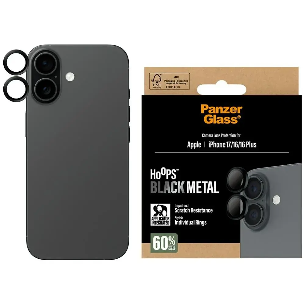 PanzerGlass Hoops Tempered Glass Lens Screen Protector for iPhone 17 | 16 | 16 Plus Black