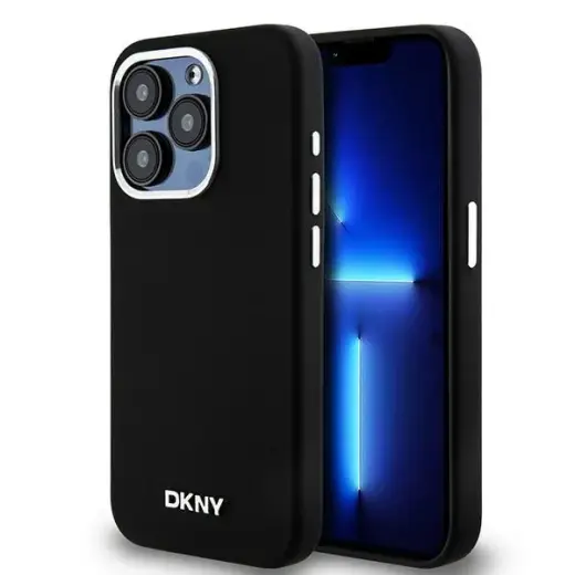 DKNY DKHMP15LSMCHLK Liquid Silicone Small Metal Logo maciņš ar MagSafe atbalstu telefonam iPhone 15 Pro melns