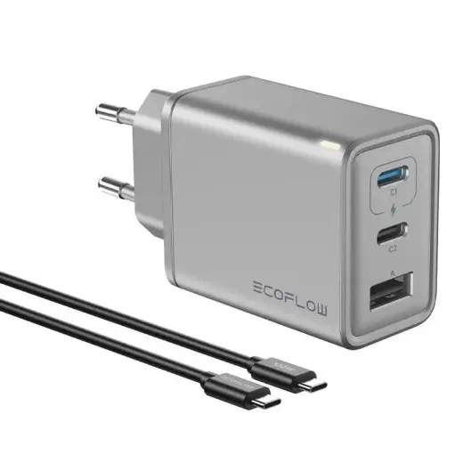 EcoFlow RAPID travel charger | 65W | PD, QC, GaN, PPS | USB-C, USB-A | with USB-A to USB-C cable included | silver-black