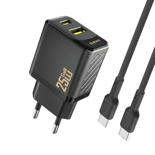 Dudao A26TCEU reisilaadija | 25W | PD, QC, GaN | USB-C, USB-A | USB-C kuni USB-C kaabliga komplektis | must