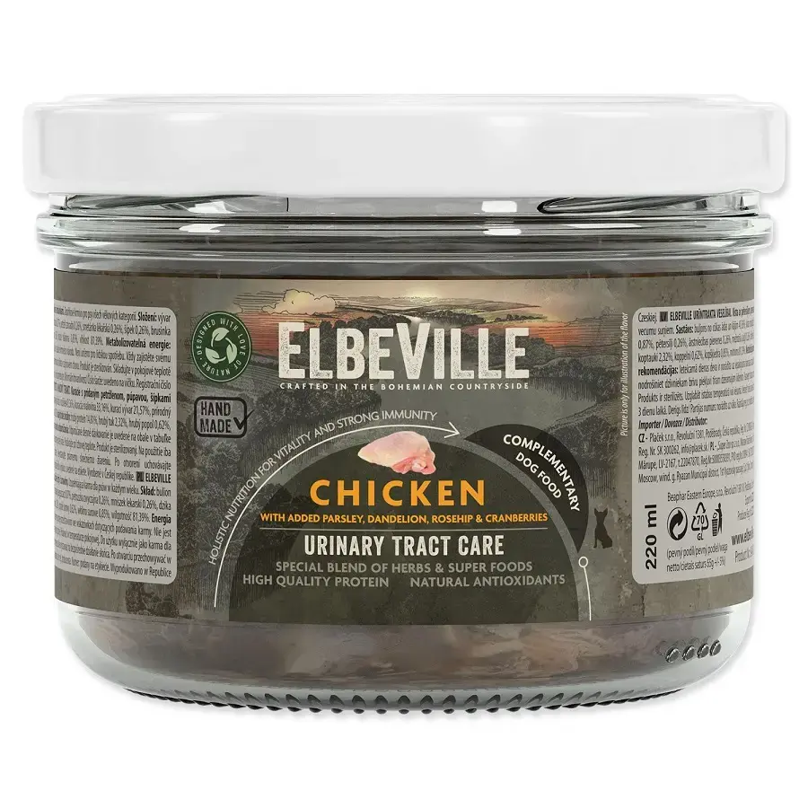 Konservi suņiem – ElbeVille Urinary Tract Care, Chicken with Parsley, Dandelion and Cranberries, 220 ml