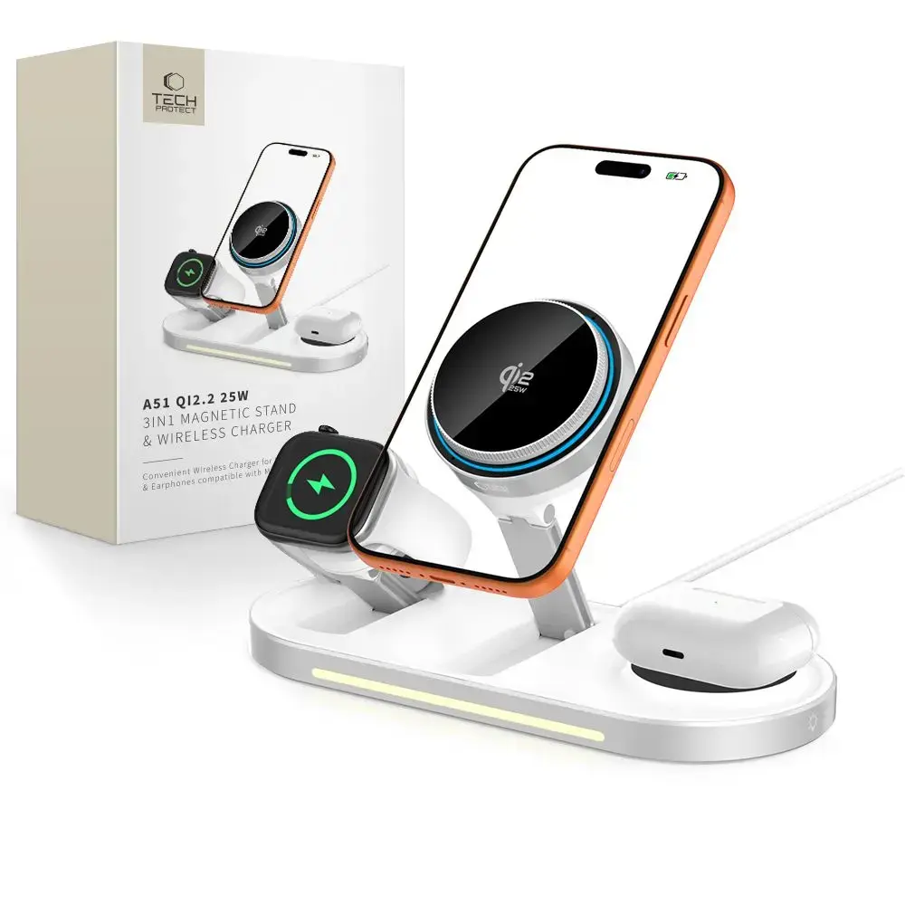 Tech-Protect A51 ArcticBoost 3-in-1 bezvadu lādētājs | Qi 2.2 | Saderīgs ar MagSafe | 25W | balts