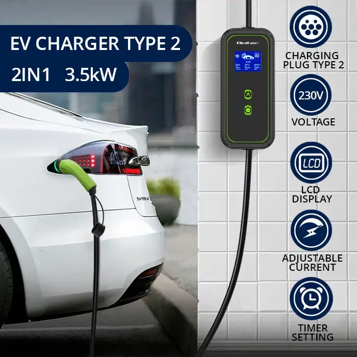 Qoltec Mobile charger for EV 2-in-1 Type2 | 3.5kW | 230V | SCHUKO 16A | LCD | Portable | Wallbox | 5m