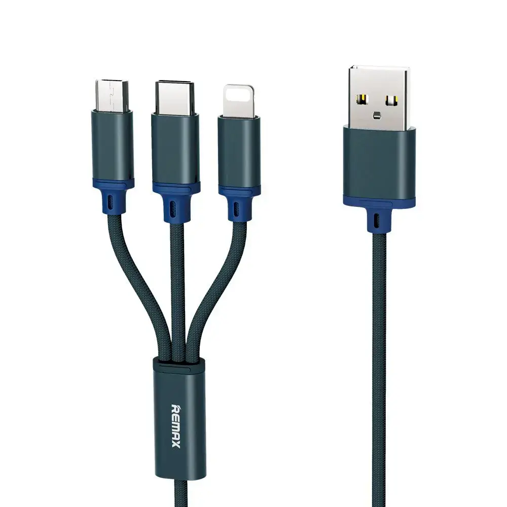 Remax Gition 3in1 RC-131th Nylon Braided USB - micro USB | Lightning | USB-C Cable 2.8A 1,15M blue