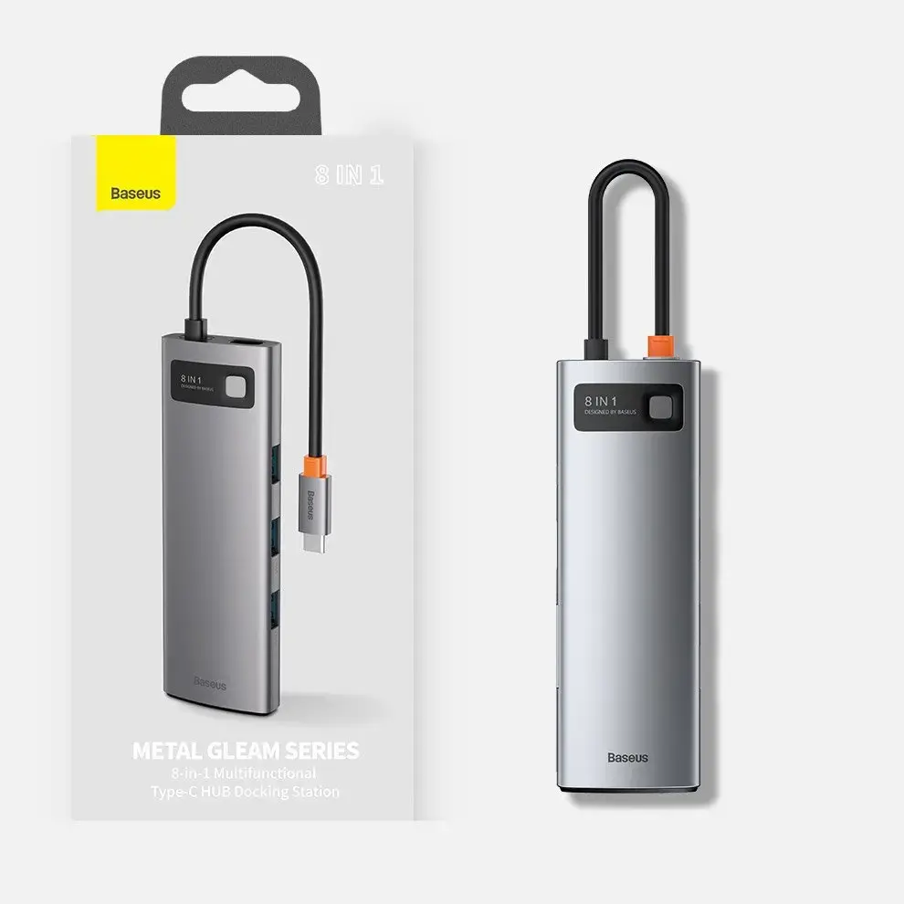 Hub 8in1 Baseus Metal Gleam Series, USB-C to 3x USB 3.0 + HDMI + USB-C PD + Ethernet RJ45 + microSD|SD