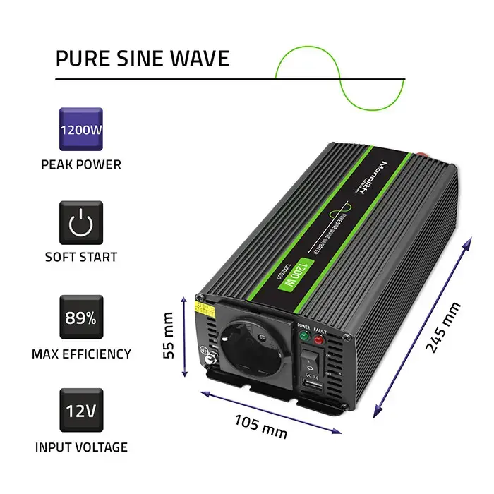Qoltec Pure Sine Wave Inverter Monolith| 600W | 1200W | 12V to 230V