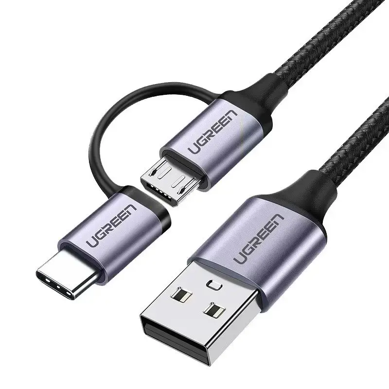 Ugreen 2-in-1 datu pārraides un uzlādes vads | USB-A uz USB-C, Micro USB | QC 3.0 | 1m | melns