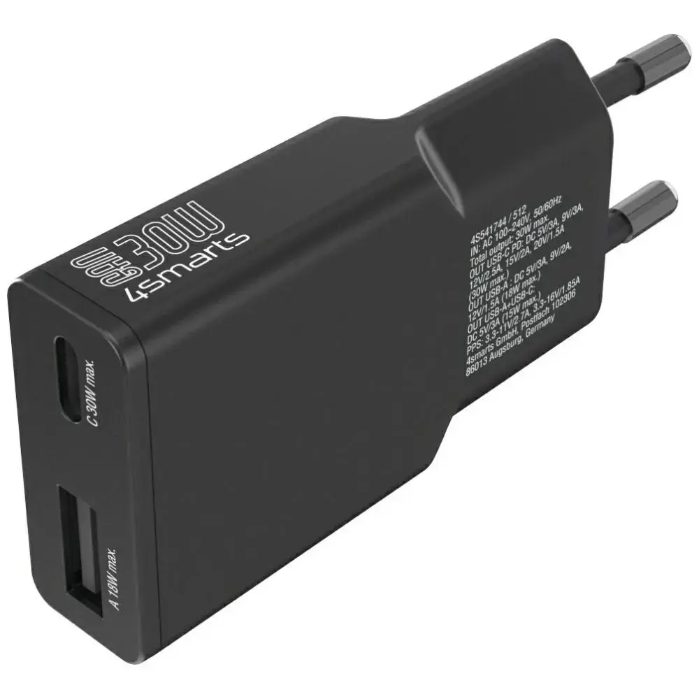 4smarts FlatPlug Duos tīkla lādētājs | 30W | GaN | USB-C, USB-A | melns