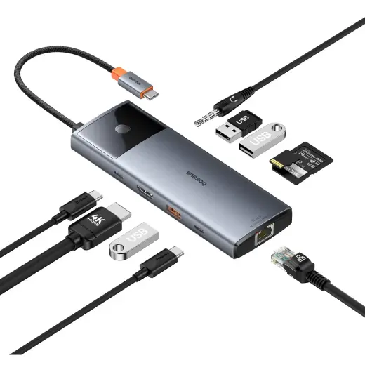 HUB 11in1 Baseus Metal Gleam Series USB-C to USB-C PD | USB-C | 3x USB-A | HDMI | AUX | RJ-45 | SD TF - gray