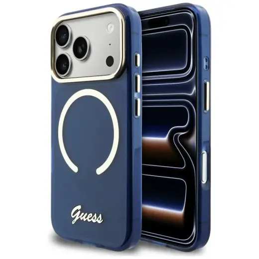 Guess IML Script Metal maciņš ar MagSafe atbalstu telefonam iPhone 17 Pro Max zils