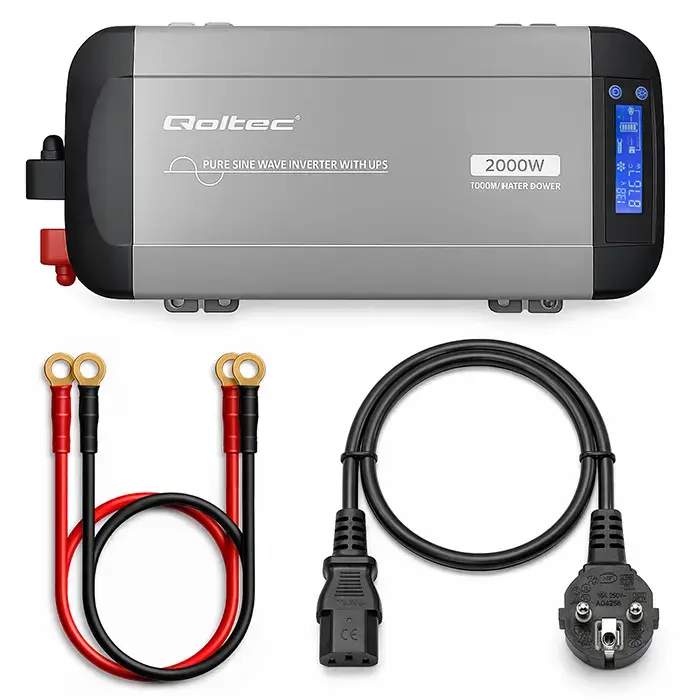 Qoltec Pure Sine Wave Inverter with UPS | 12V to 230V | 1000/2000W | LCD | USB | USB-C | Compatible with LiFePO4 GEL AGM