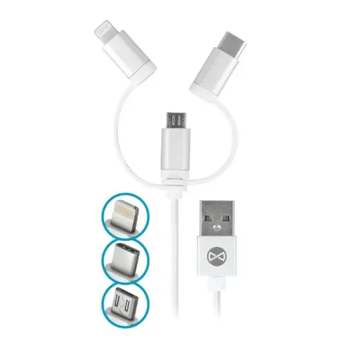 Forever 3-in-1 datu pārraides un uzlādes vads | USB-A uz Lightning, USB-C, Micro USB | 7.5W | 1m | balts
