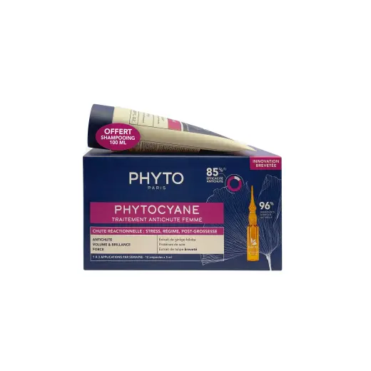 Set Phyto: Set, Phytocyane, Leave In Scalp Treatment Serum, Anti-Hair Loss, 12 pcs, 5 ml *Vial + Phytocyane, Hair Shampoo, Anti-Hair Loss, 100 ml