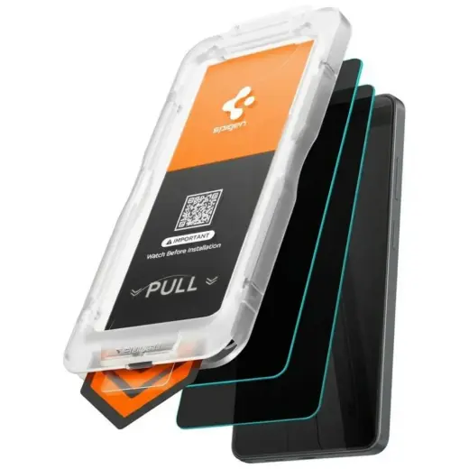Spigen Glas.TR EZ Fit Pro AC grūdintas apsauginis stiklas telefonui Galaxy S26 (privatumo efektas) su montavimo rėmeliu (2 vnt.)