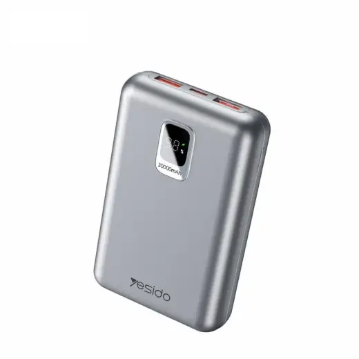 yesido YP47 ārējais akumulators (powerbank) | 20 000 mAh | 22.5W | PD | USB-A, USB-C | LED ekrāns | sudraba krāsā