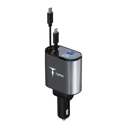 T-Phox Flexit automobilinis įkroviklis | 86W | USB-A, USB-C, Lightning | su integruotais USB-C ir Lightning laidais komplekte | pilkas