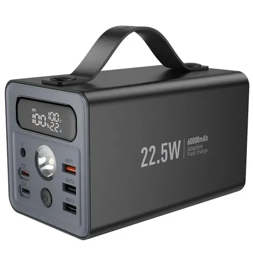 Hoco J138 ārējais akumulators (powerbank) | 60 000 mAh | 22.5W | PD, QC | USB-A, USB-C | LED lukturītis | melns