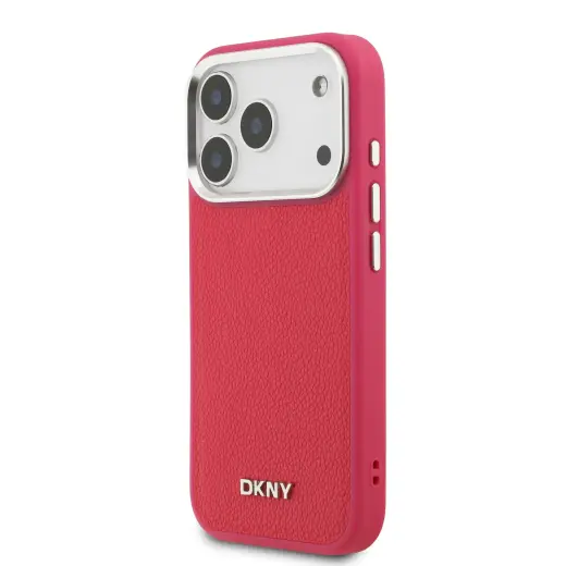 DKNY PU Leather Metal Logo Wrist Chain MagSafe Case for iPhone 17 Pro Pink