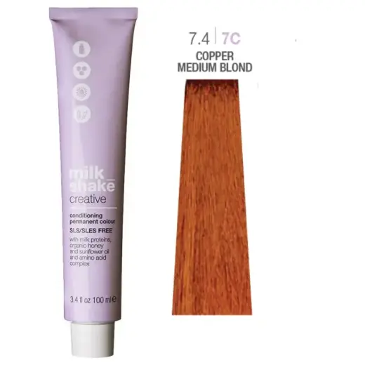 Milk Shake, Creative, SLS/SLES-Free, Permanent Hair Dye, 7.47C Copper Medium Blond, 100 ml