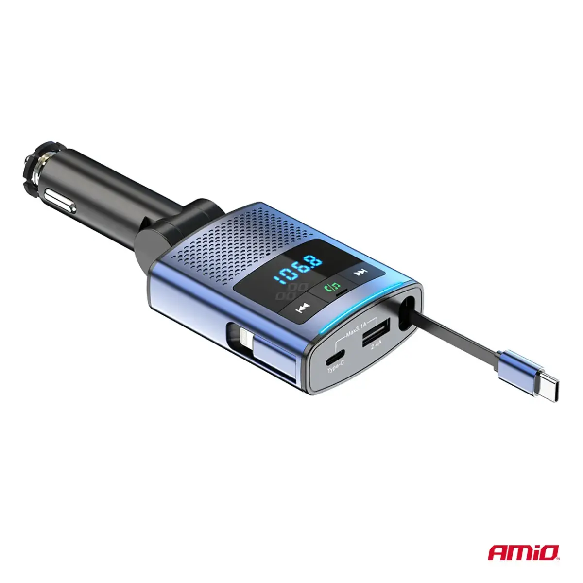Car FM Transmitter 1×USB-A 1×USB-C 12V 24V AMIO-04656