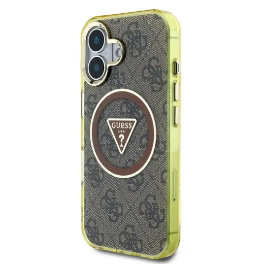 Guess IML 4G Glitter and Triangle Logo MagSafe Case for iPhone 16 Brown