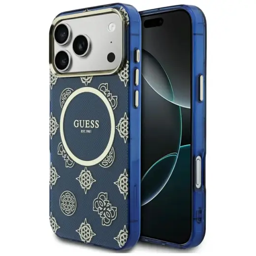 Guess IML Peony Dot telefoni ümbris MagSafe toega iPhone 17 Pro Max sinine