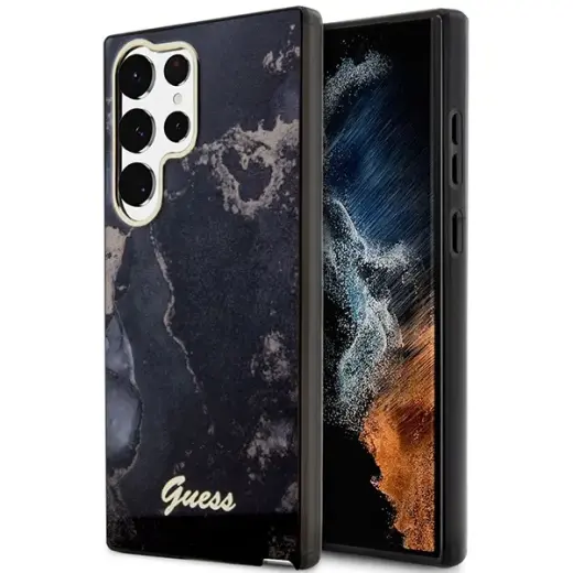 Guess GUHCS23LHTMRSK S23 Ultra S918 juodas kietas dėklas Golden Marble Collection