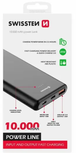 Swissten external battery (powerbank) | 10000 mAh | 20W | black