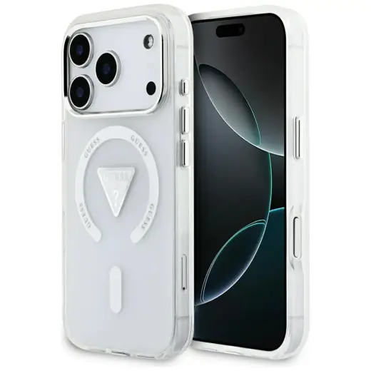 Guess IML Gradient With Print Triangle Logo & Silver Metal Camera Buttons telefoni ümbris MagSafe toega iPhone 17 Pro läbipaistev