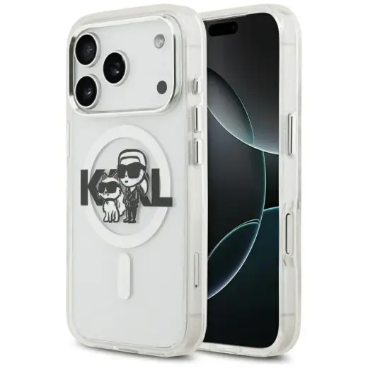 Etui Karl Lagerfeld IML Glitter Karl &    Choupette Sketch Logo MagSafe do iPhone 17 Pro przezroczysty